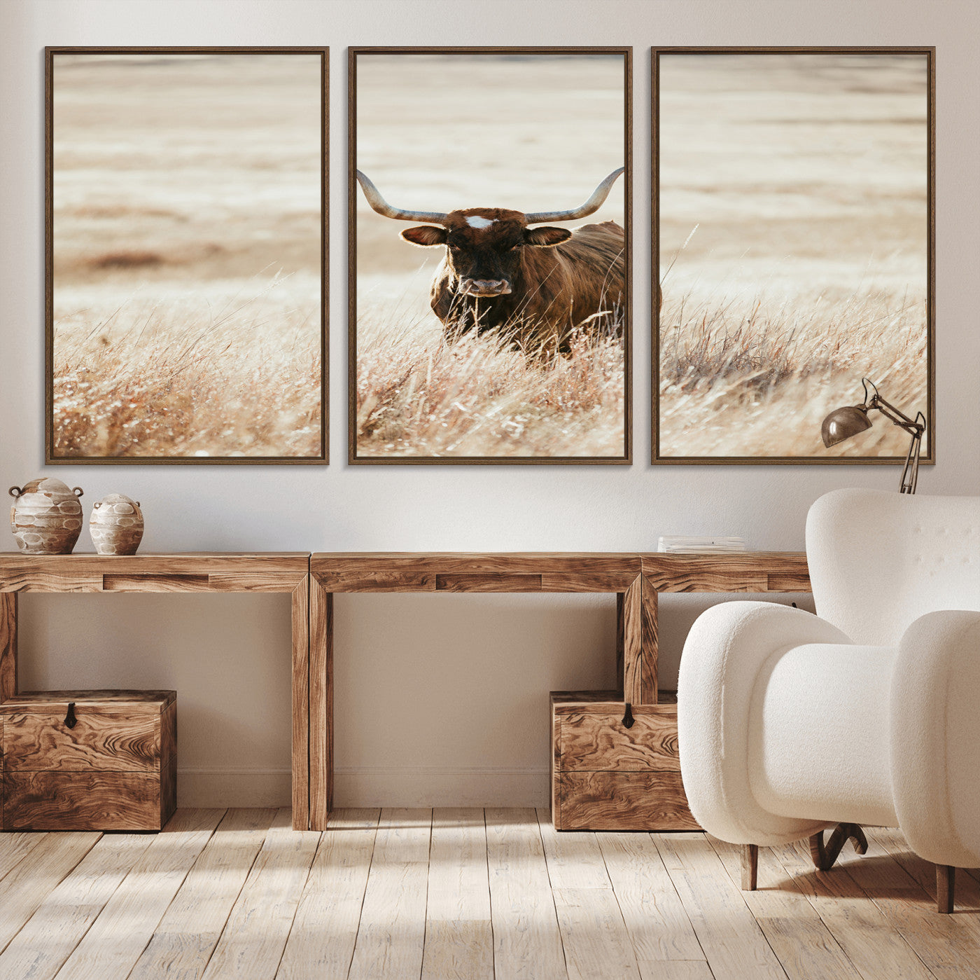 MGV-FC-60X30-3P - Texas Longhorn Wall Art Canvas Print, Framed Brown Cattle Art Picture Print, Horned Bull Perfect Rustic Western Decor Artwork
