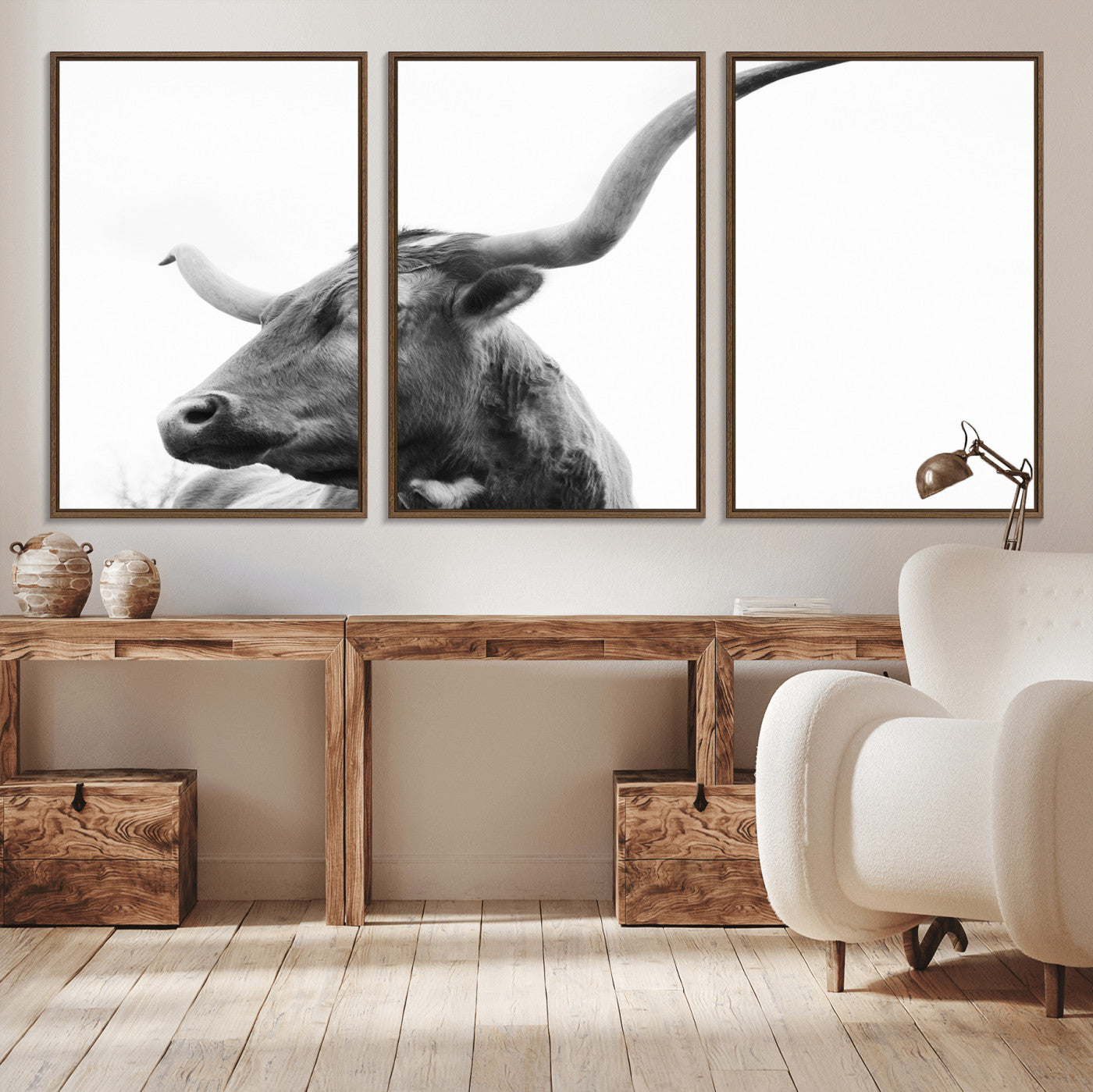MGV-FC-60X30-3P - Longhorn Wall Art Wall Art Canvas Print, Framed Modern Ranch Style Art Art Picture Print, Monochrome Cow Print Perfect Rustic Western Decor Artwork