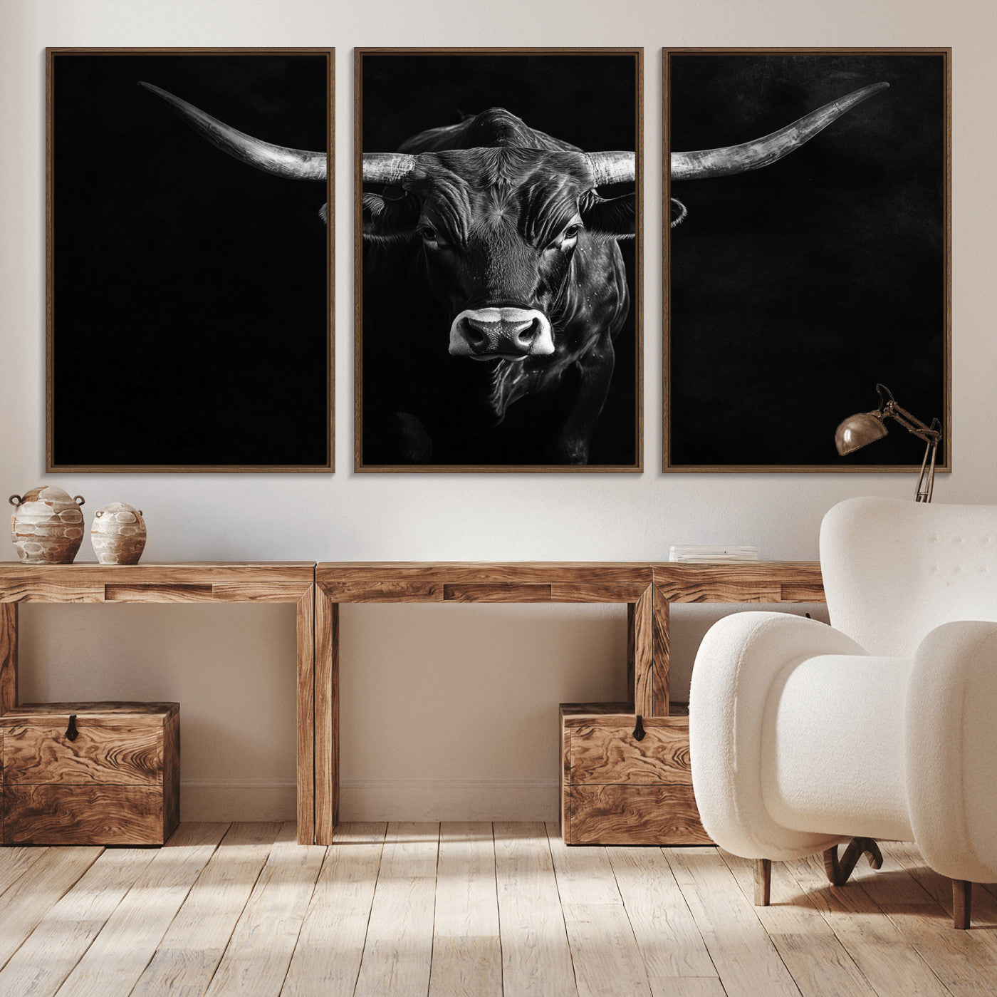 42077175-MGV-CV-36X24-Texas Longhorn Wall Art Canvas Print – Framed Monochrome Horned Bull Rustic Western Cattle Artwork for Home, Office