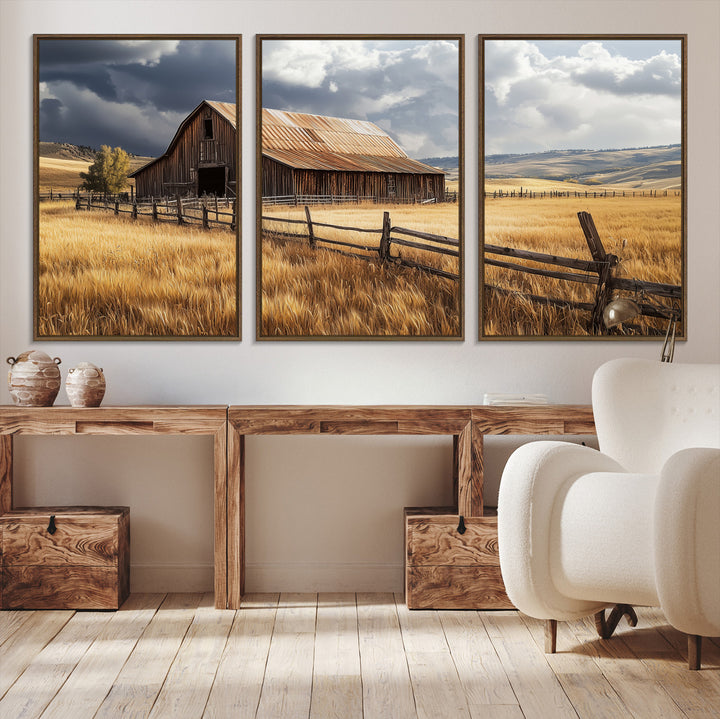 Canvas of a weathered wooden barn in a golden field under a dramatic sky, perfect for rustic or farmhouse-style wall decor.