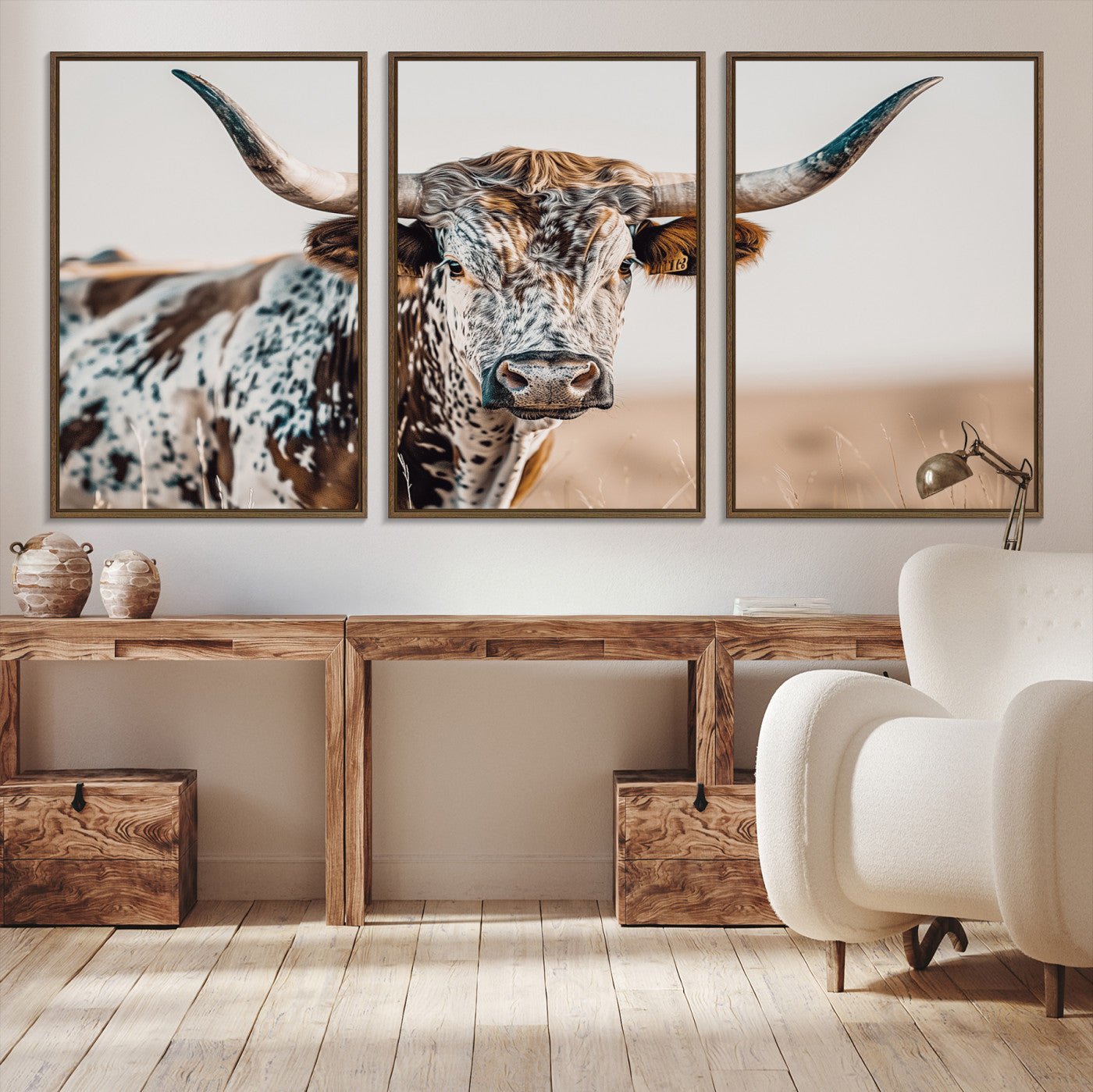 Canvas of a speckled Texas longhorn with wide curved horns and warm tones, perfect for rustic or country-style wall decor.