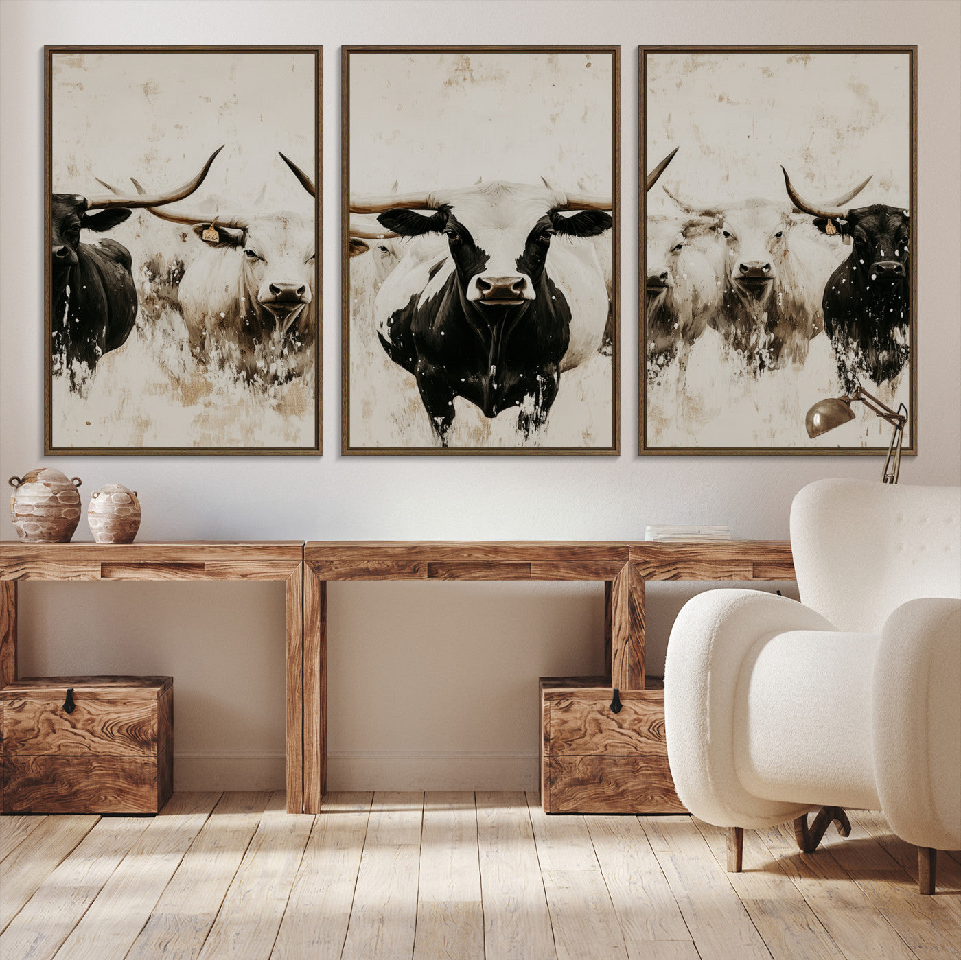 12027562-MGV-CV-36X24-Longhorn Cattle Wall Art Canvas Print – Framed Bison Herd Western Ranch Countryside Animal Landscape Artwork for Home Office