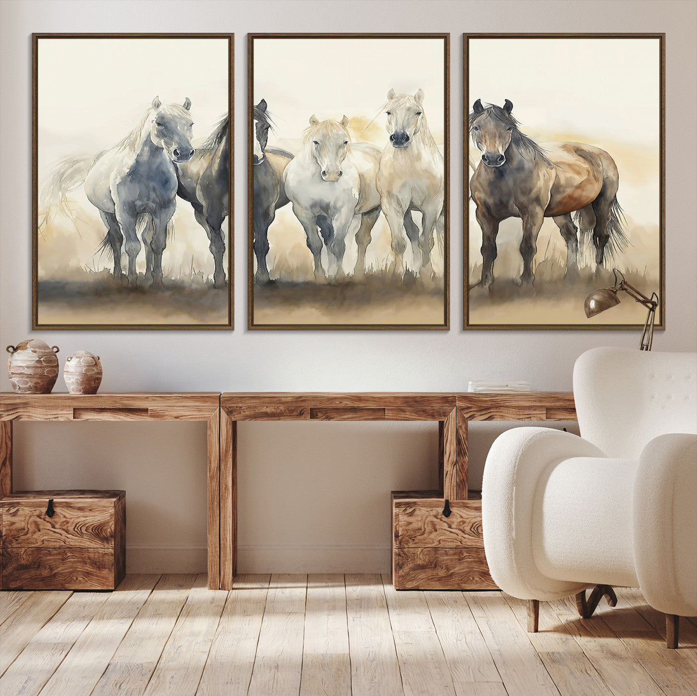 Watercolor illustration of five wild horses in soft neutral tones, perfect for rustic or western-style home decor with a calming natural vibe.