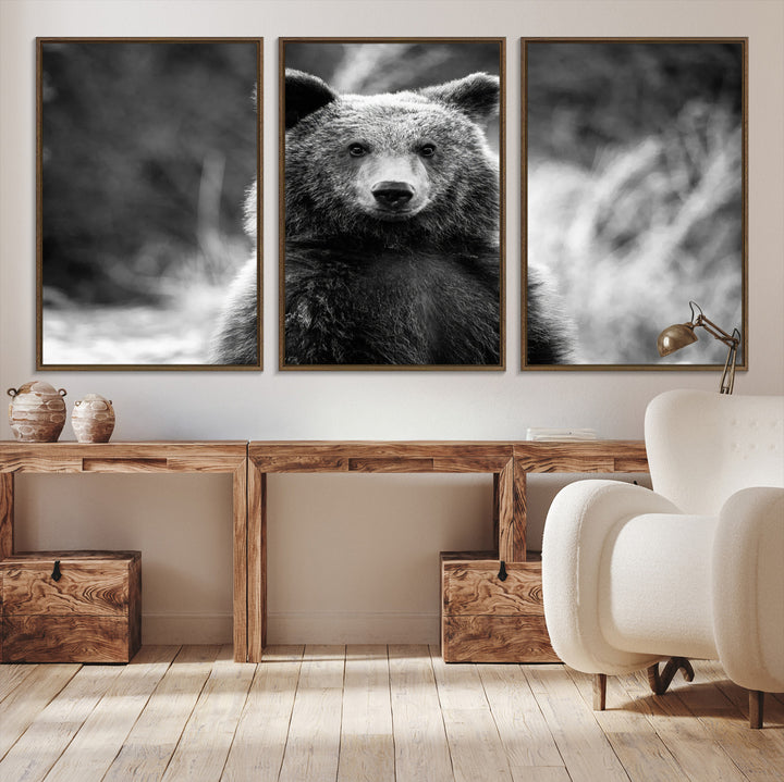 Grizzly Bear Wall Art Canvas Print, Framed Black White Bear Art Picture Print, Wild Bear Perfect Rustic Wildlife Decor