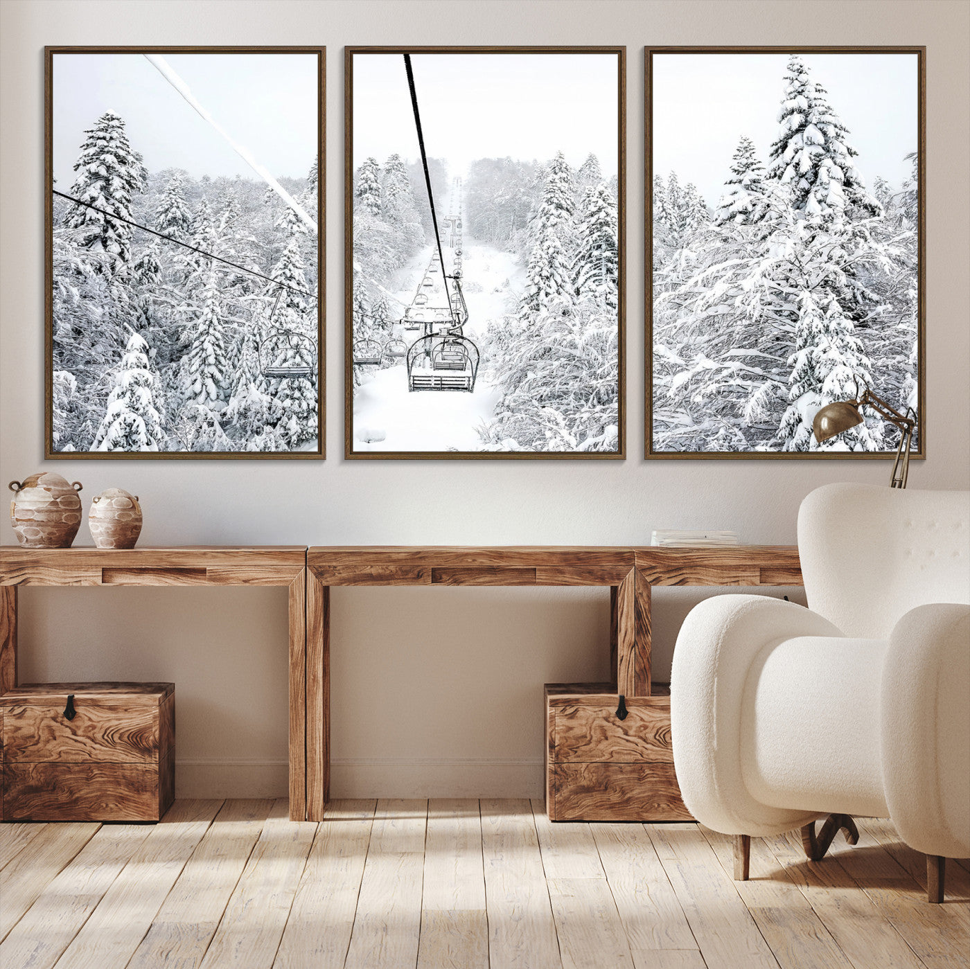 Snowy mountain landscape with a ski lift and snow-covered trees, ideal for winter-themed home decor. Perfect for modern, minimalist interiors.