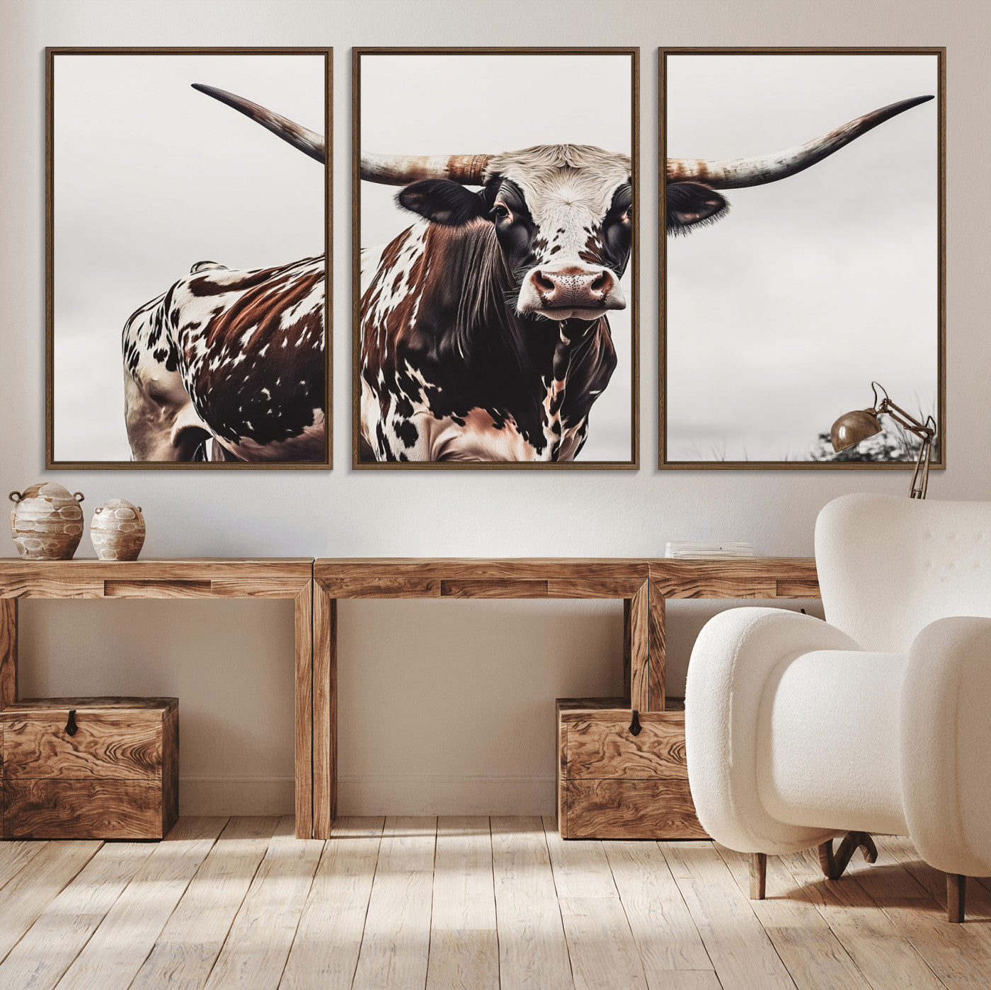 Close-up of a Texas Longhorn bull with powerful horns, perfect for rustic farmhouse or country-themed home decor. Ideal for animal lovers.