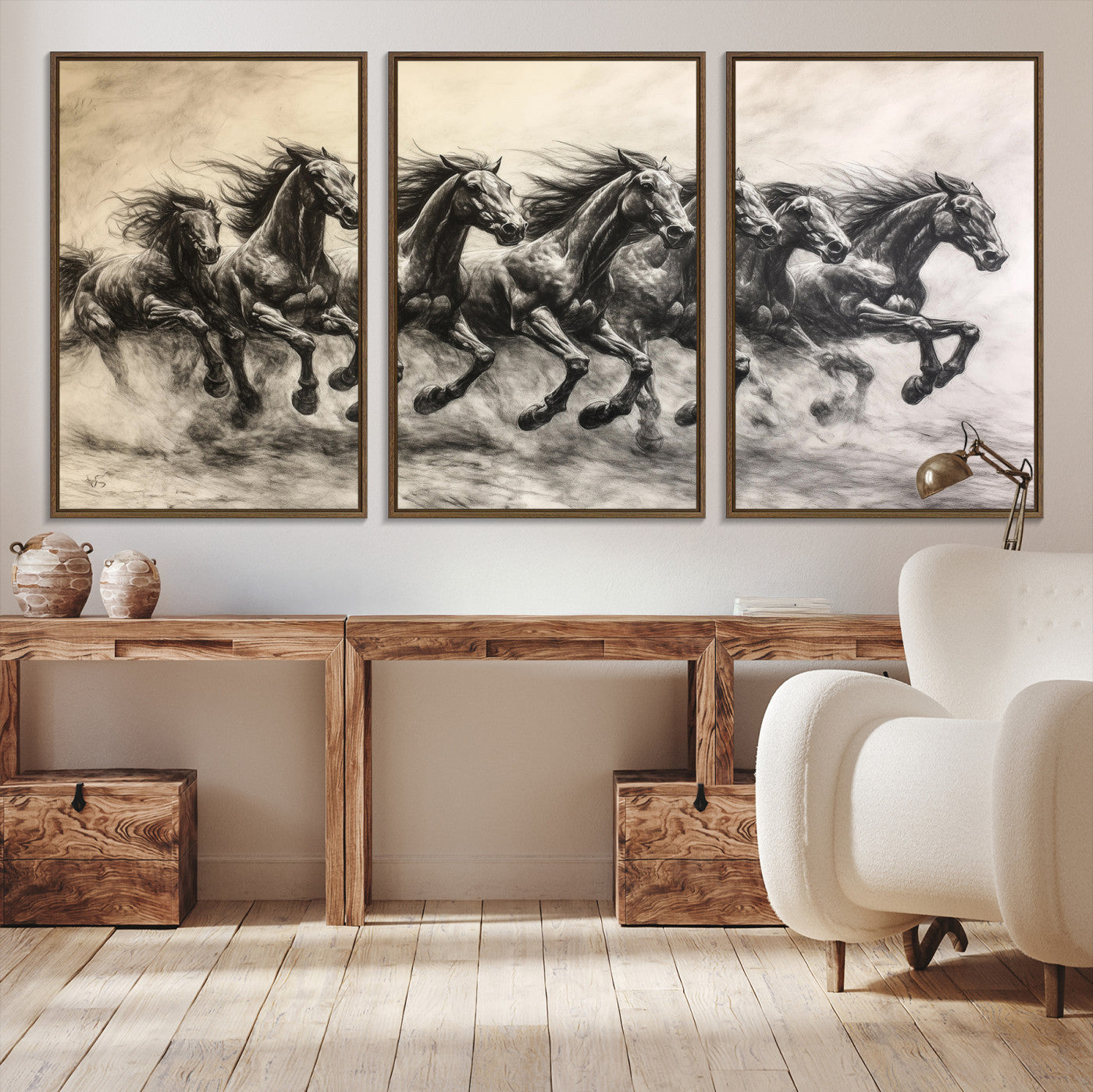 56089591-MGV-CV-36X24-Galloping Horses Wall Art Canvas Print – Framed Wild Stallions Herd Sketch Dynamic Equestrian Artwork for Home Office
