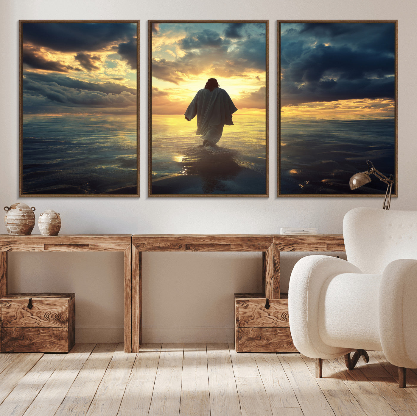 MGV-FC-60X30-3P - Jesus Walks Wall Art Canvas Print, Framed Divine Sunset Art Picture Print, Spiritual Light Perfect Spiritual Tranquil Decor Artwork