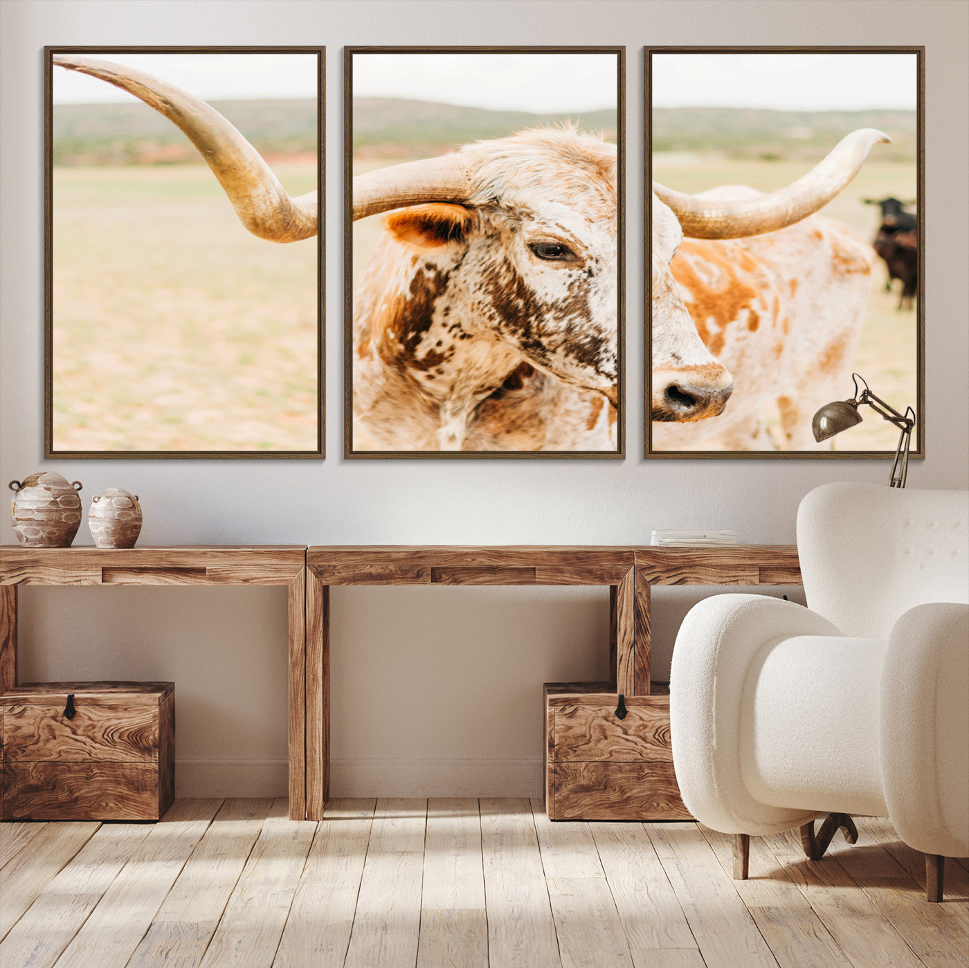 21060648-MGV-CV-36X24-Texas Longhorn Wall Art Canvas Print – Framed Speckled Cow Rustic Bull Western Farmhouse Animal Artwork for Home Office