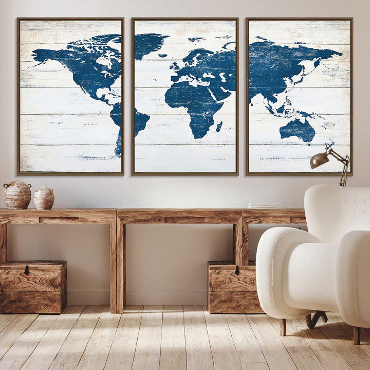 Rustic world map with blue continents on distressed wooden planks, perfect for coastal, explorer, or vintage-style wall decor.