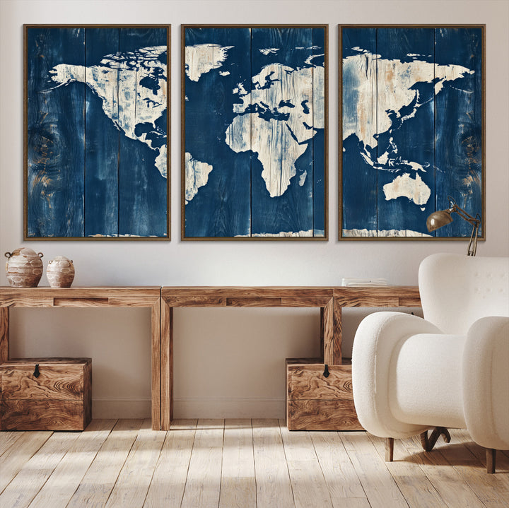 World Map Wall Art Canvas Print, Rustic Map Print, Framed Wooden World Map Art Print, Large Antique Map Decor Printing Perfect for Vintage Decor