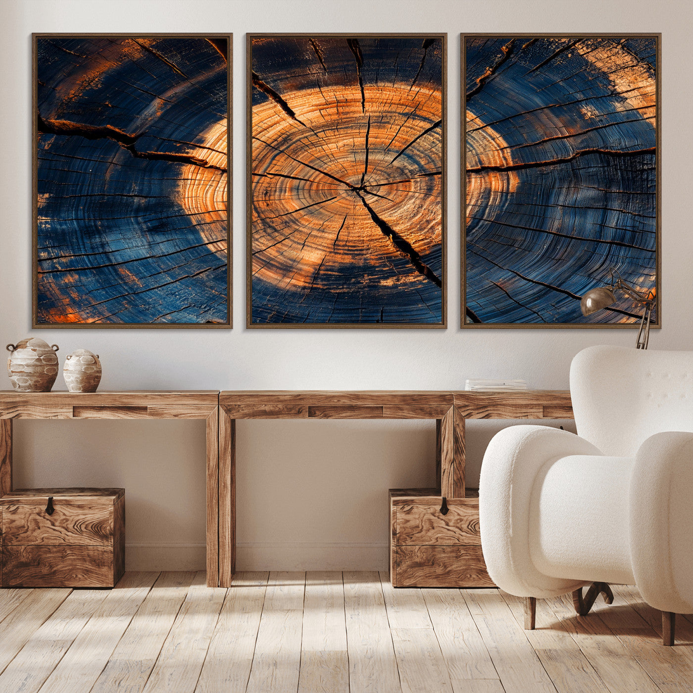 MGV-FC-60X30-3P - Burnt Wood Wall Art Canvas Print, Framed Aged Timber Art Picture Print, Rustic Tree Slice Perfect Rustic Decor Artwork
