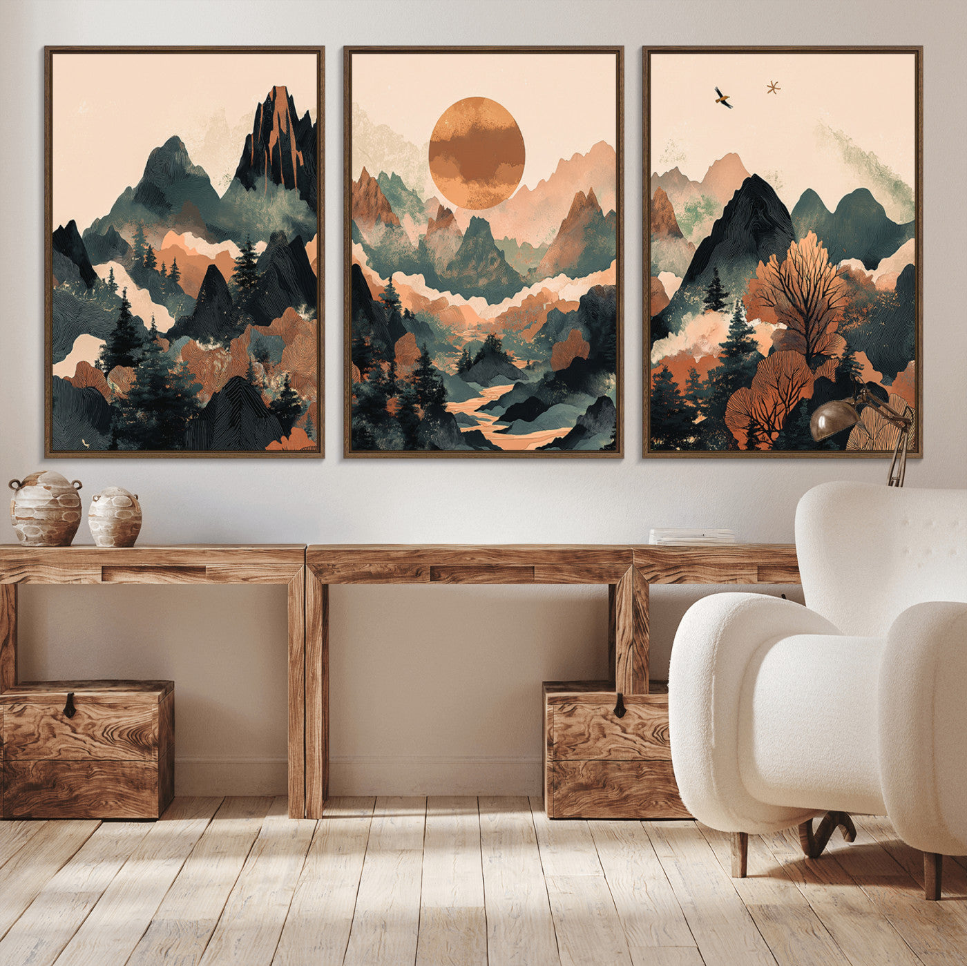 MGV-FC-60X30-3P - Wood Mountain Landscape Wall Art Canvas Print, Framed Sunset Hills Art Picture Print, Abstract Nature Perfect Boho Decor Artwork