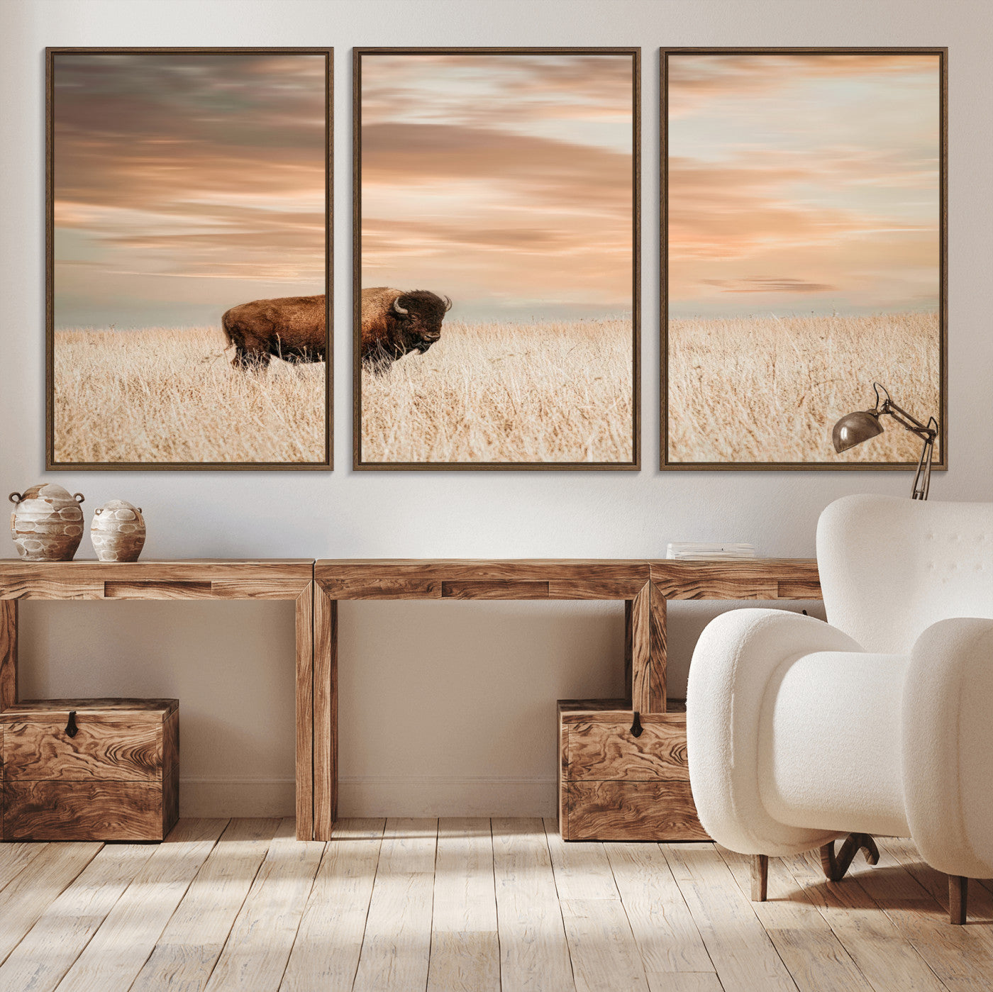 MGV-FC-60X30-3P - Bison Wall Art Canvas Print, Framed Buffalo Art Picture Print, Western Prairie Perfect Rustic Decor Artwork