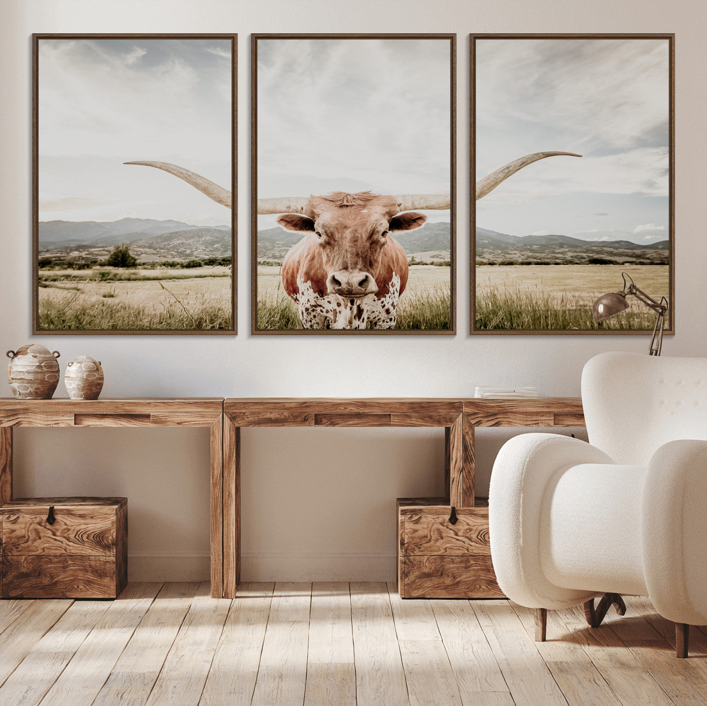 80054319-MGV-CV-36X24-Texas Longhorn Wall Art Canvas Print – Framed Western Cow Scene with Rustic Farmhouse Artwork for Home, Office