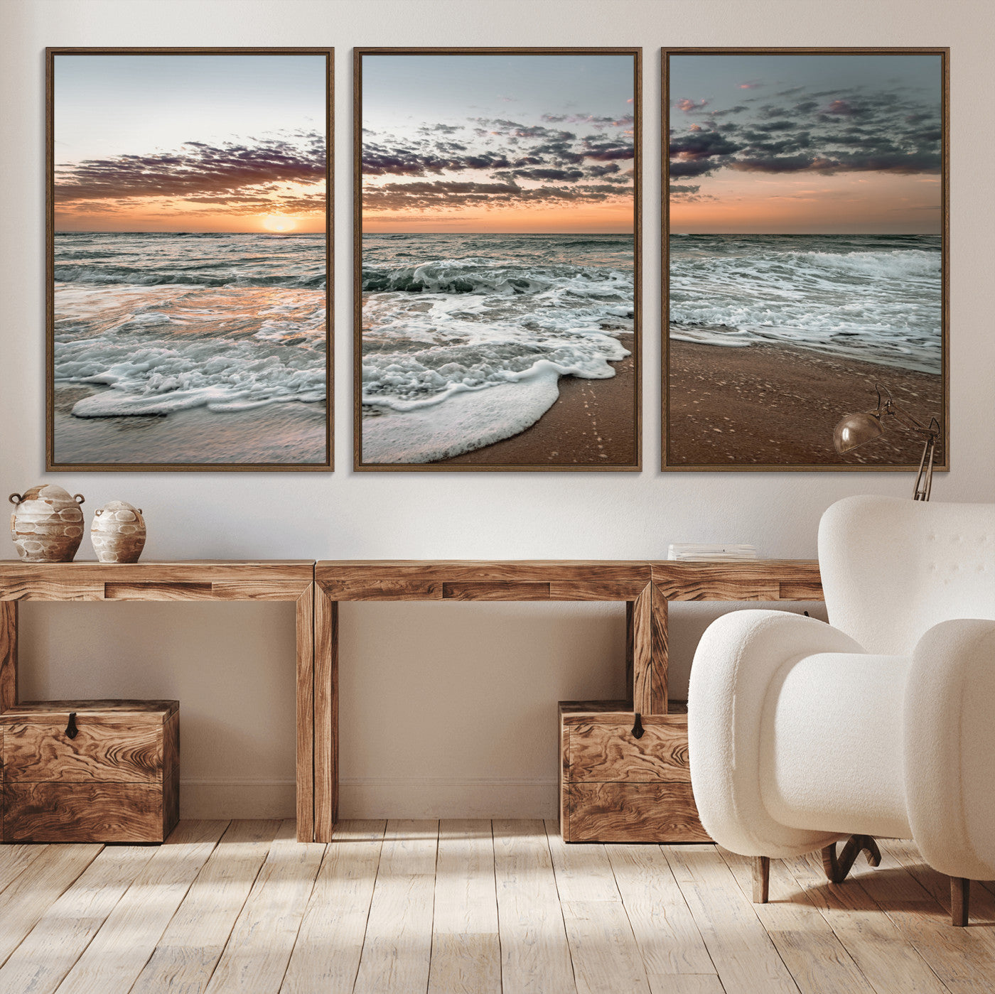 MGV-FC-60X30-3P - Ocean Sunset Wall Art Canvas Print, Framed Beach Waves Art Picture Print, Coastal Scene Perfect Coastal Decor Artwork