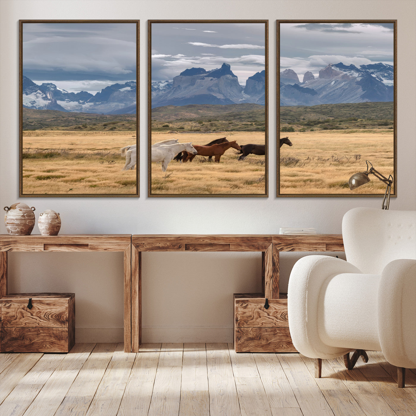 69960232-MGV-CV-36X24-Horses Grazing Wall Art Canvas Print – Framed Mountain Field Scenic Landscape Cloudy Sky Nature Artwork for Home Office