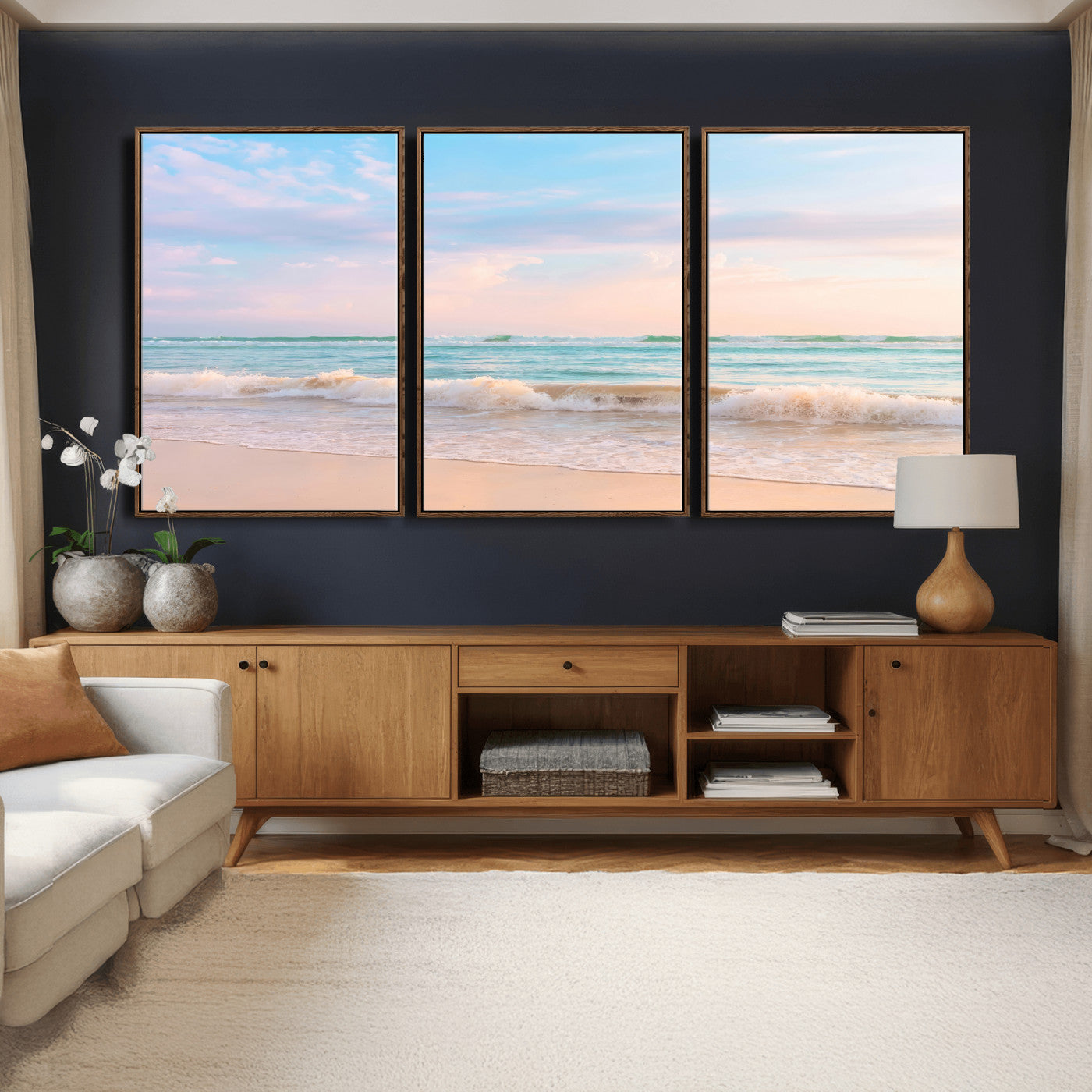 74679437-MGV-CV-36X24 - Serene Waves Wall Art – Golden Shore & Soft Pastel Sky Canvas Print, Gentle Ocean and Peaceful Sunset for Living Room or Office
