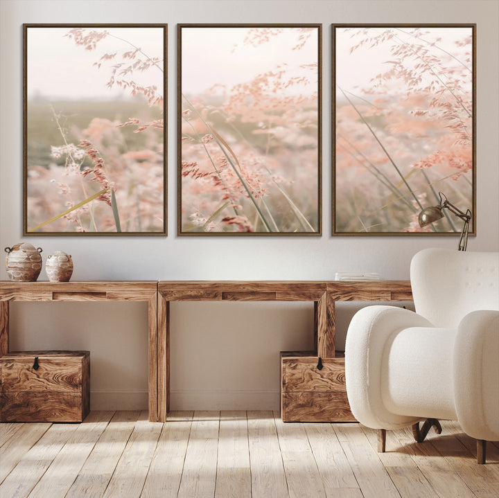 Pastel Grasses Wall Art Canvas Print, Soft Meadow Print, Framed Field in Breeze Art Print, Large Pink Meadow Printing Soft Pastel