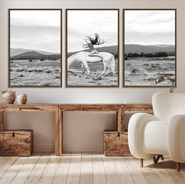 White Horse Wall Art Canvas Print, Woman Rider Print, Framed Equestrian Pose Art Print, Large Grazing Horse Printing Western Boho