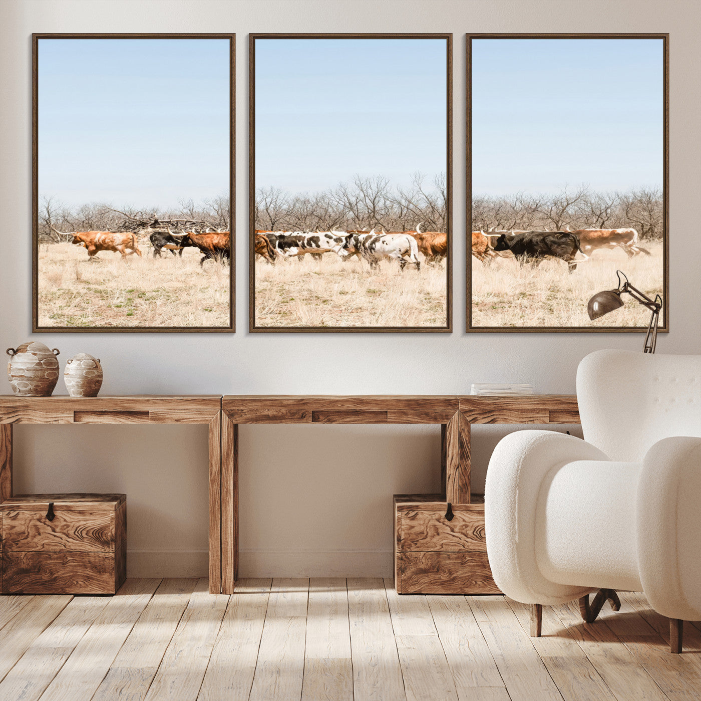 16563092-MGV-CV-36X24-Texas Longhorns Wall Art Canvas Print – Framed Western Cattle Rustic Herd Farmhouse Country Animal Artwork for Home Office
