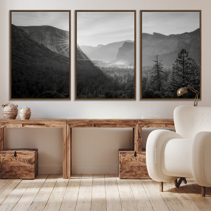 Yosemite Valley Wall Art Canvas Print, El Capitan Sunrise Print, Framed Misty Mountain Art Print, Large Monochrome Valley Printing