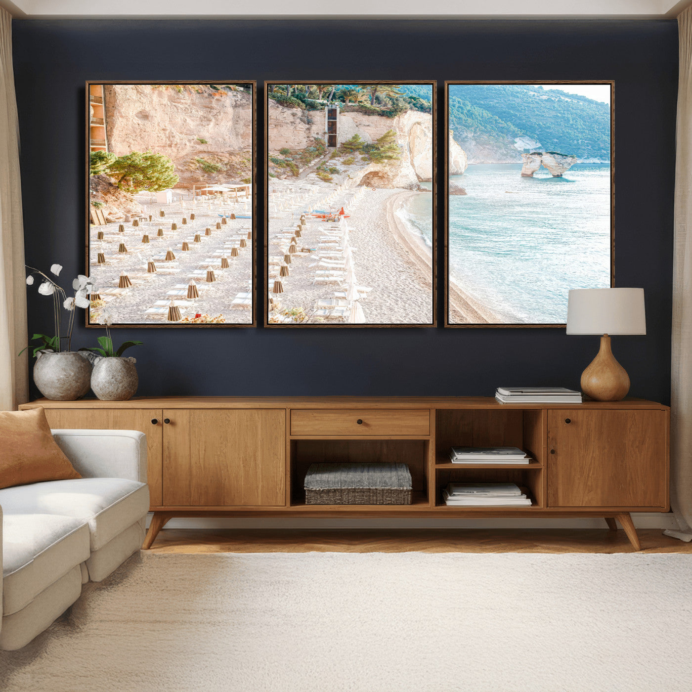 84816639-MGV-CV-36X24 - Sunny Beach Wall Art – Chairs & Umbrellas Canvas Print, Clear Water, Rocky Cliffs, Coastal Calm for Living Room or Vacation Home Decor