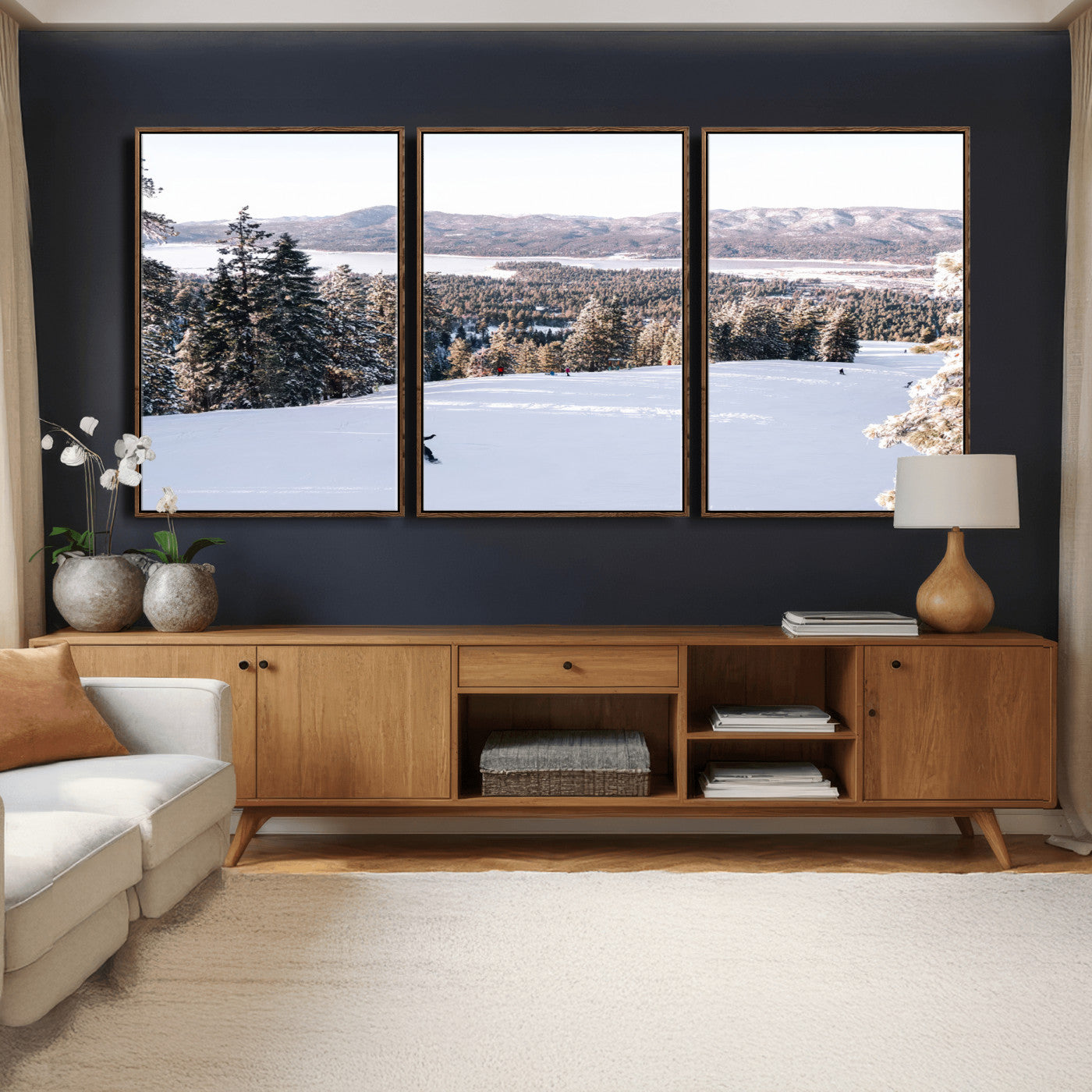 79857868-MGV-CV-36X24 - Snowboarder Wall Art – Winter Slope Canvas Print, Pine Forest, Snow-Covered Mountains, Outdoor Adventure for Living Room or Cabin Decor