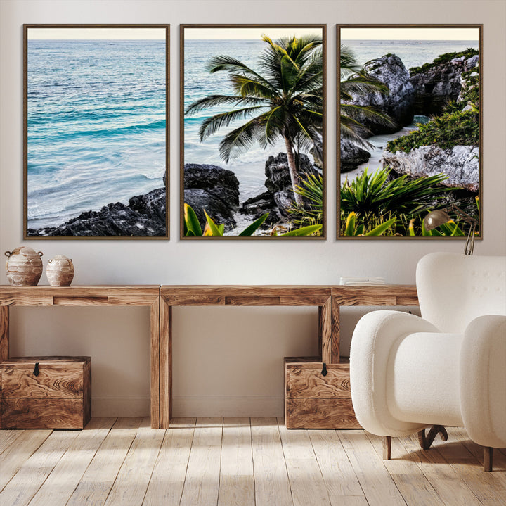 Framed canvas of a vibrant tropical coastline with palm trees, rocky cliffs, and turquoise waters, ideal for tropical coastal home decor.