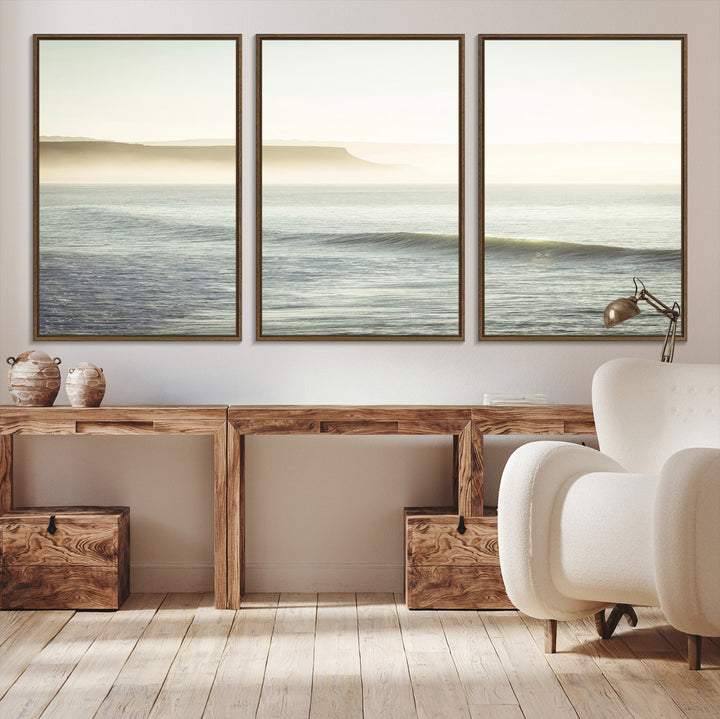 Canvas of a misty ocean scene with coastal cliffs and soft neutral tones, ideal for Scandinavian coastal or minimalist nature-inspired home decor.