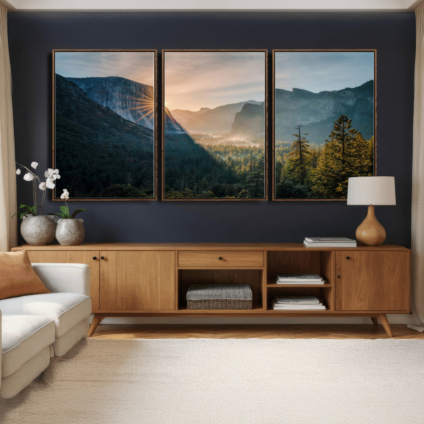 51605481-MGV-CV-36X24 - Yosemite Valley Wall Art – Misty Forest Peaks Canvas Print, Radiant Light, Tranquil Nature Landscape for Living Room or Cabin Decor