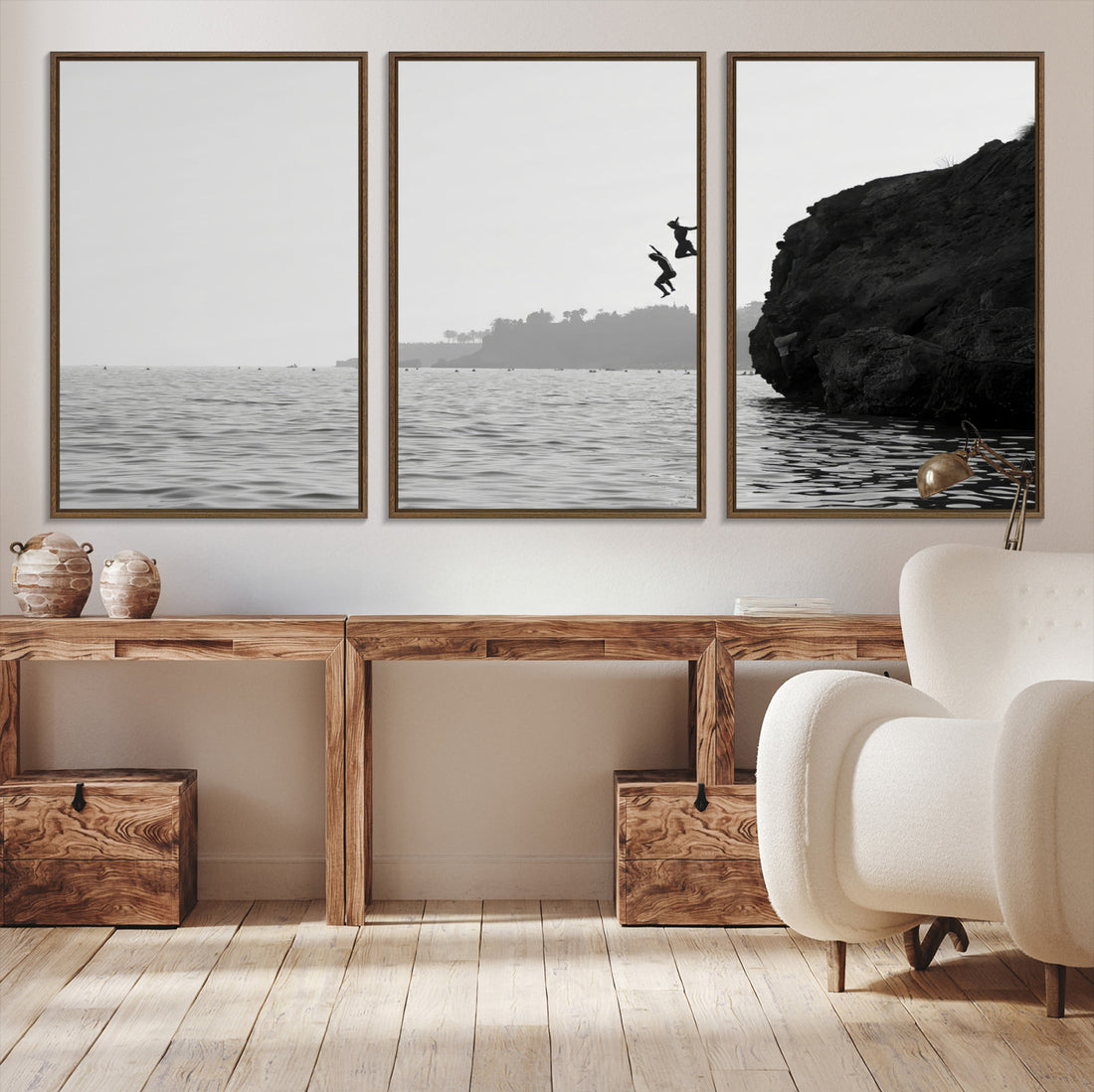 Jumping Wall Art Canvas Print, Framed Coastal Ocean Cliff Diving Scene