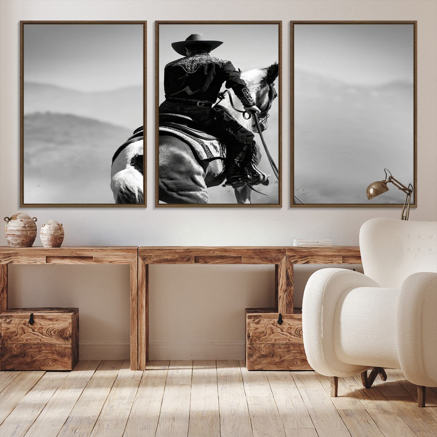 83102464-MGV-CV-36X24-Western Wall Art Canvas Print – Framed Cowboy and Horse Scene Artwork for Rustic Western Home, Office Decor