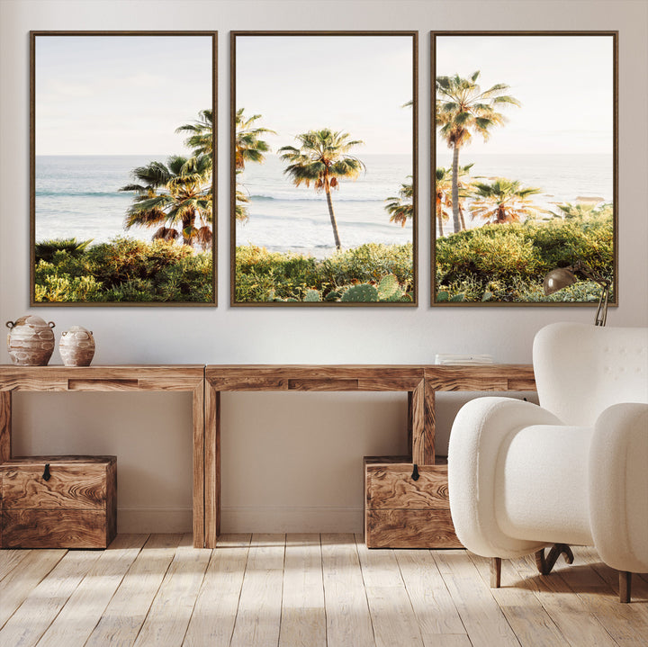 Framed print of sunlit palm trees on the California coast with warm tones, perfect for coastal minimalist or beach-style home decor.