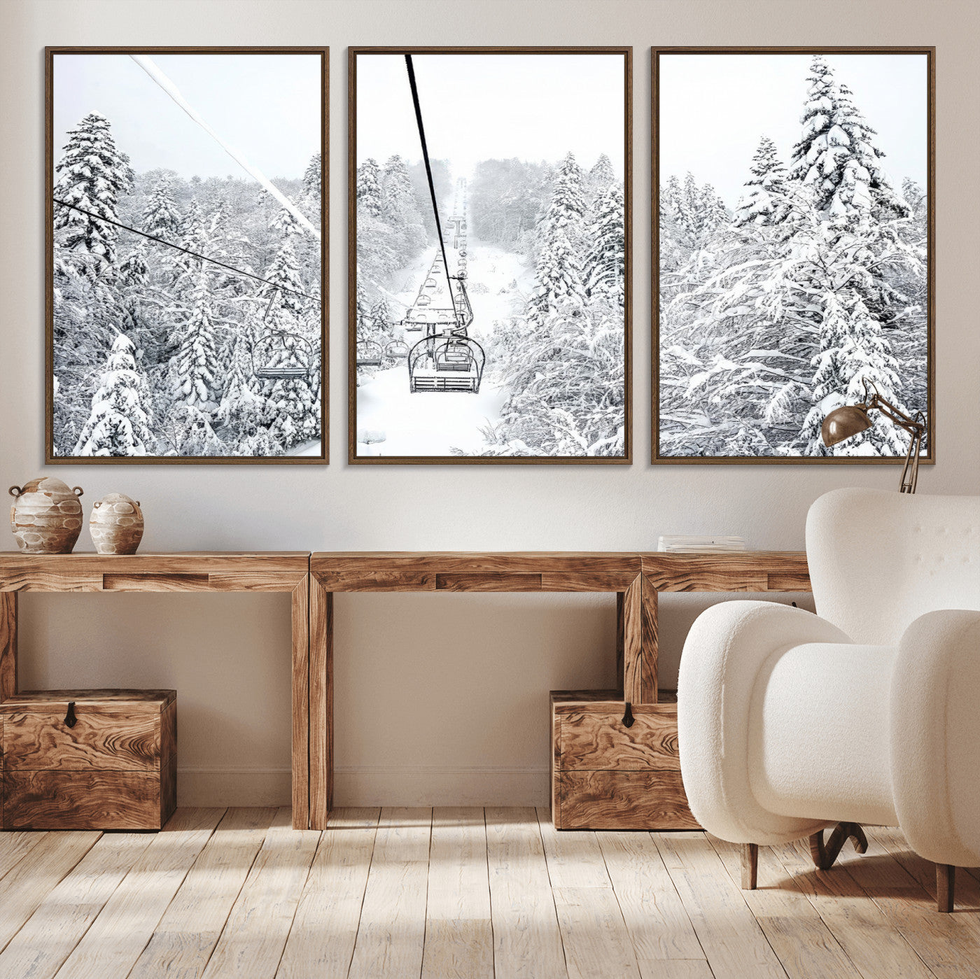 44705668-MGV-CV-36X24-Snowy Ski Lift Wall Art – Framed Winter Mountain Canvas Artwork, Serene Forest Design, Modern Nature Decor for Home, Office