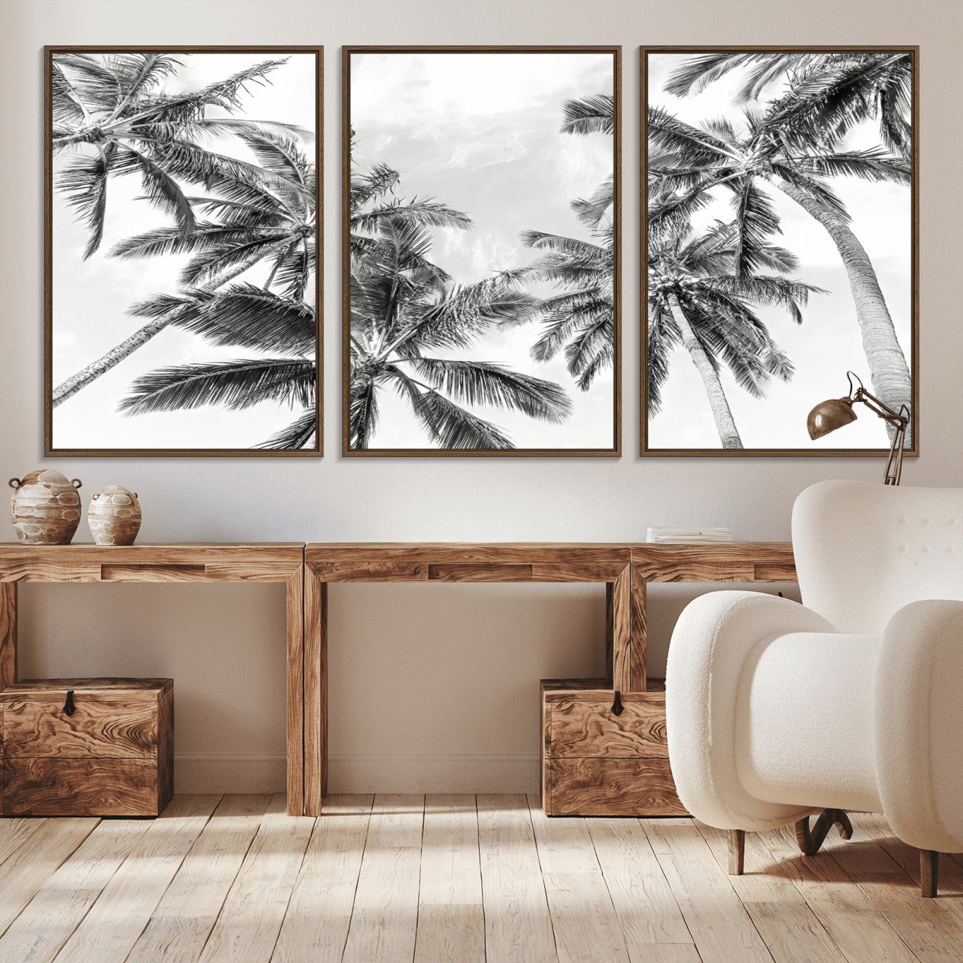 MGV-FC-60X30-3P - Black White Palm Wall Art Canvas Print, Framed Monochrome Tropics Art Picture Print, Minimalist Beach Perfect Coastal Minimalist Decor Artwork