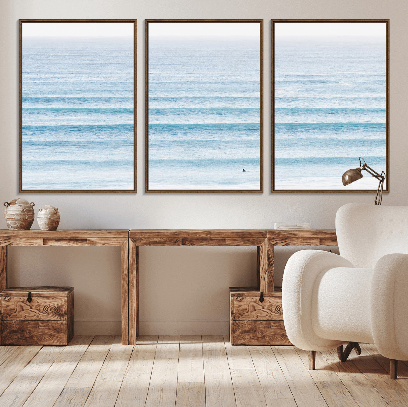 77145995-MGV-CV-36X24-Ocean Wave Surfer Wall Art – Framed Minimal Seascape Canvas Artwork, Calm Blue Water Design, Coastal Decor for Home, Office