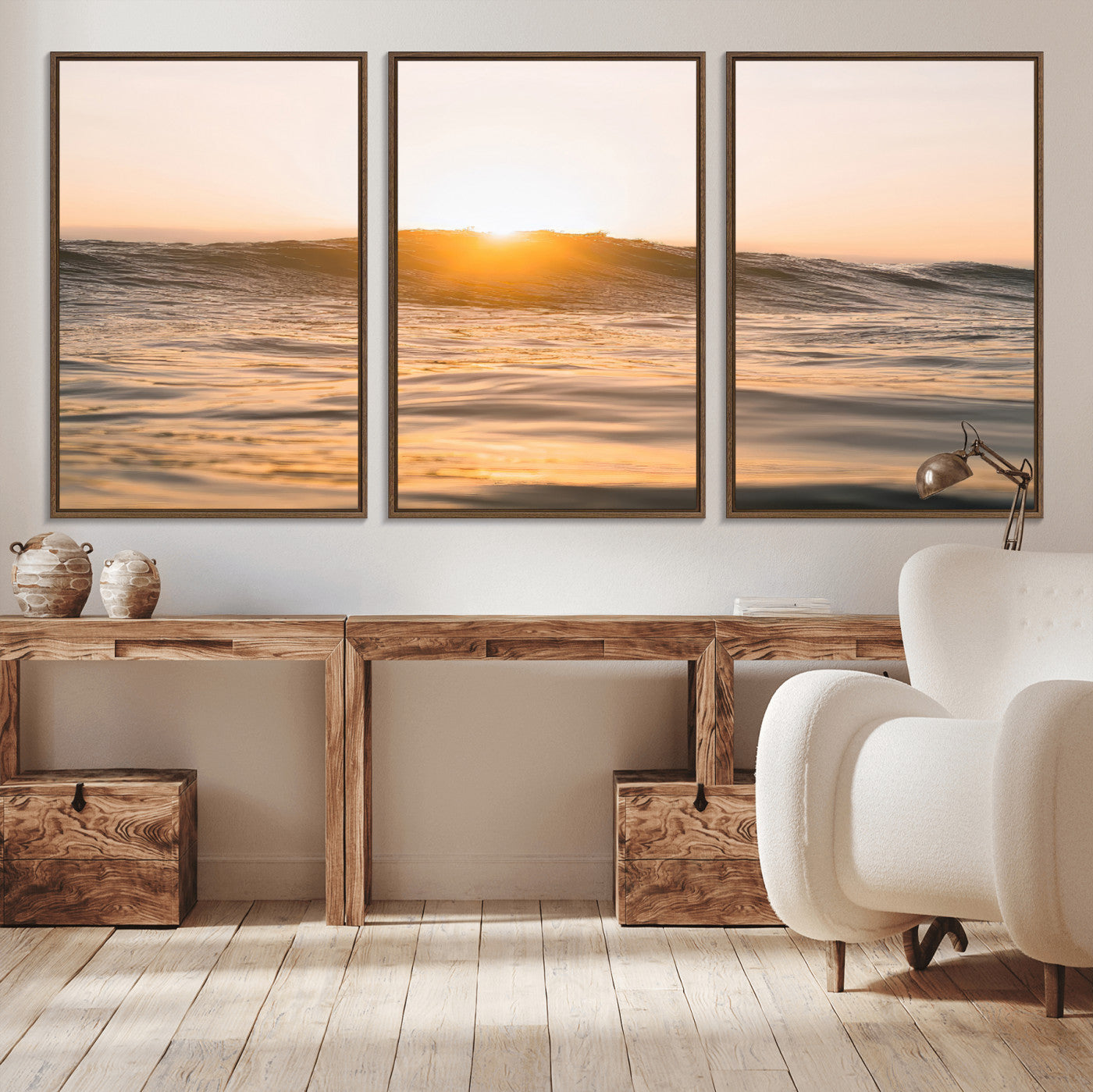16973771-MGV-CV-36X24-Calm Water Wall Art – Framed Sunset Waves Canvas Artwork, Coastal Warm Design, Minimal Ocean Decor for Home, Office