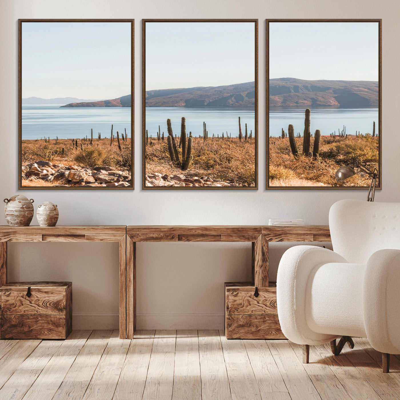 45193515-MGV-CV-36X24-Desert Lake Wall Art – Framed Cactus Mountain Canvas Artwork, Earthy Southwest Design, Rustic Nature Decor for Home, Office