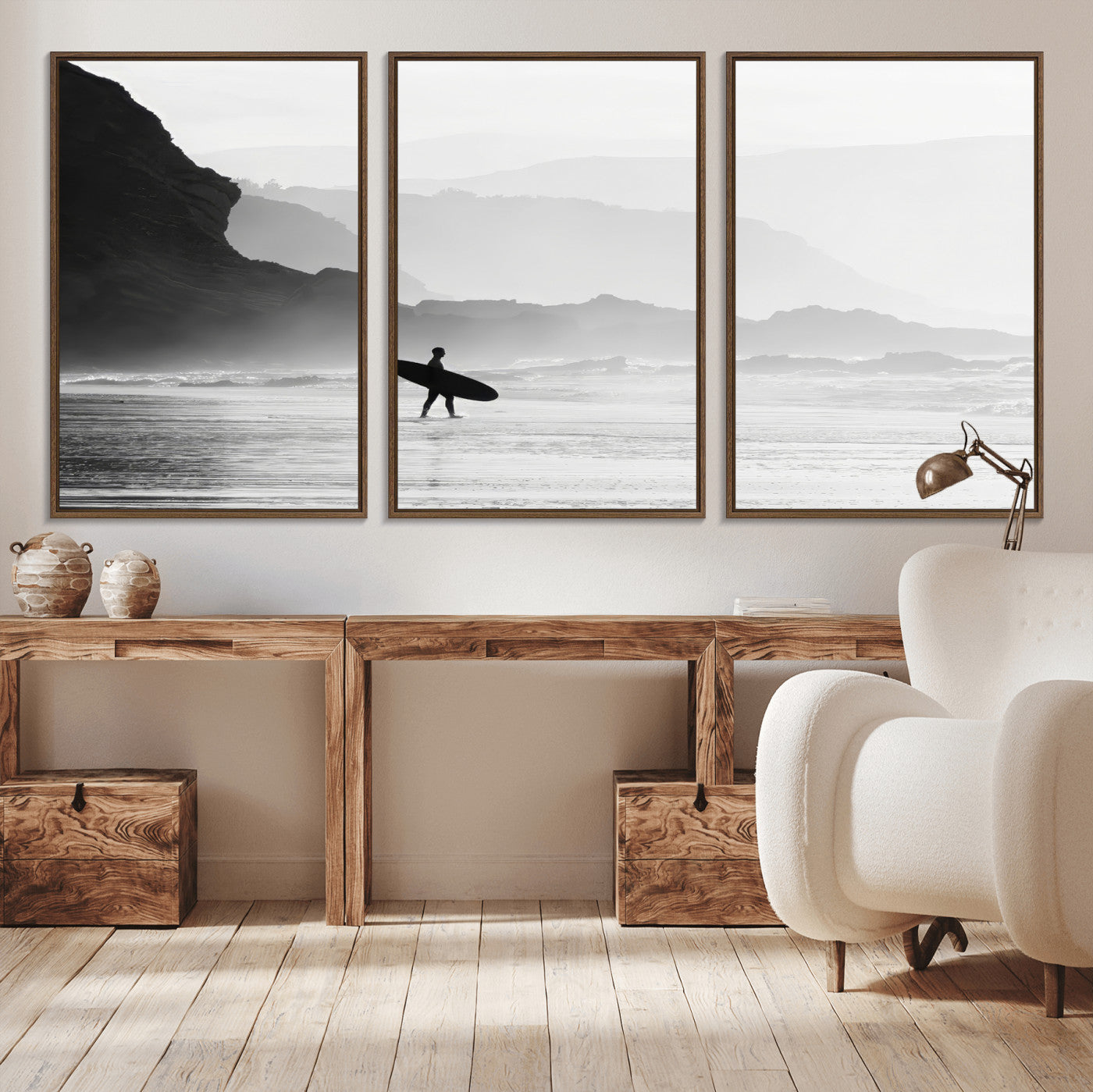 69956934-MGV-CV-36X24-Surfer Beach Wall Art – Framed Black White Ocean Canvas Artwork, Misty Coastal Design, Minimal Surf Decor for Home, Office