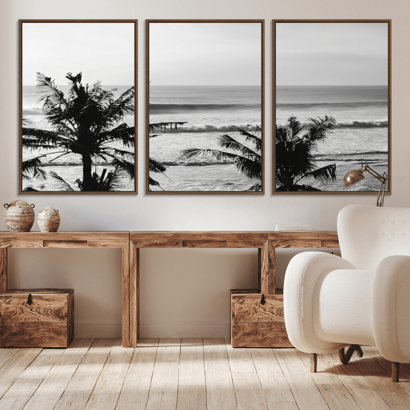 17508038-MGV-CV-36X24-Tropical Coastline Wall Art Canvas Print – Framed Palm Trees Scene with Ocean Waves Artwork for Home, Office
