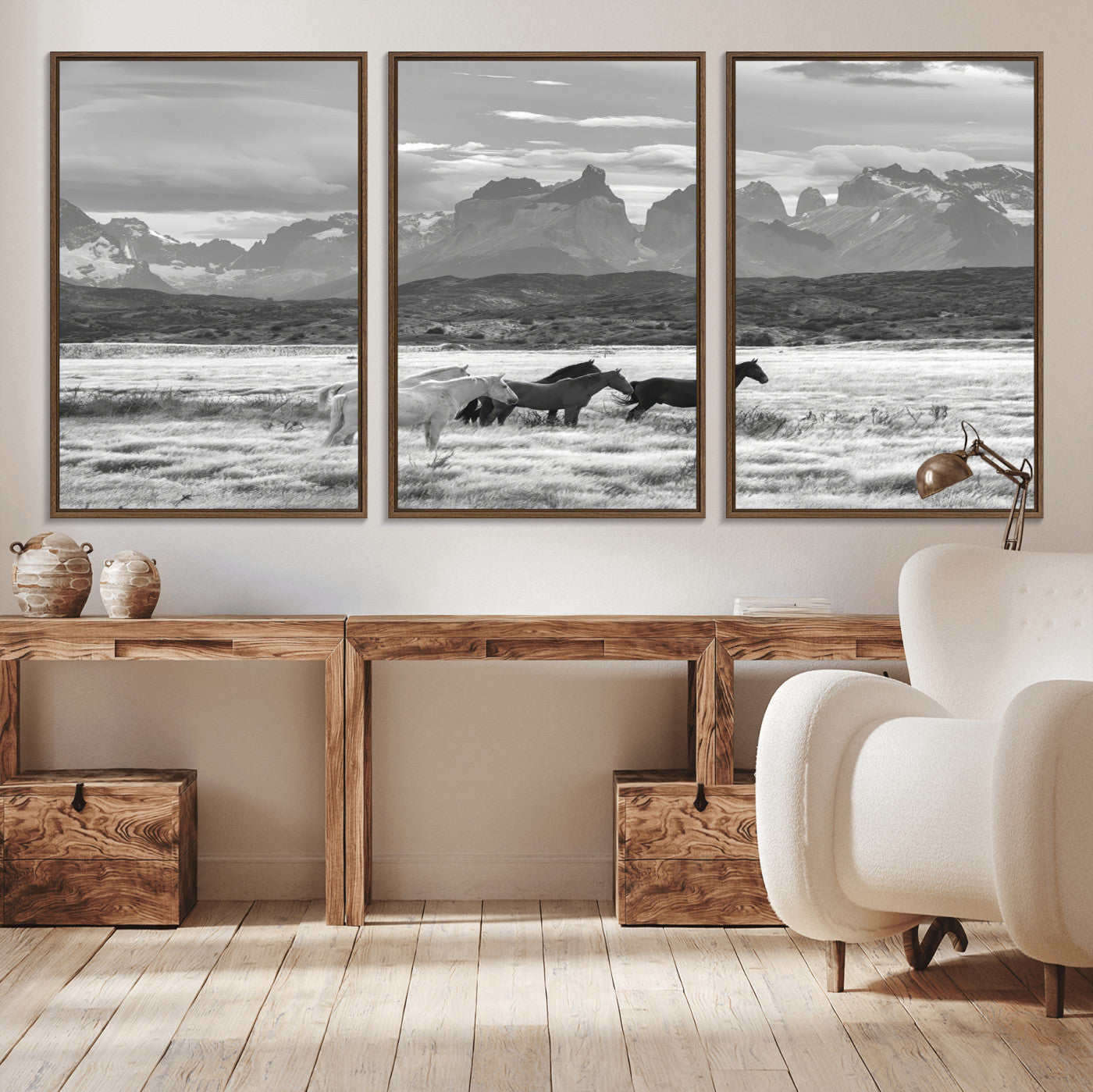 MGV-FC-60X30-3P - Wild Horses Wall Art Canvas Print, Framed Black White Mountains Art Picture Print, Rustic Countryside Perfect Rustic Western Decor Artwork