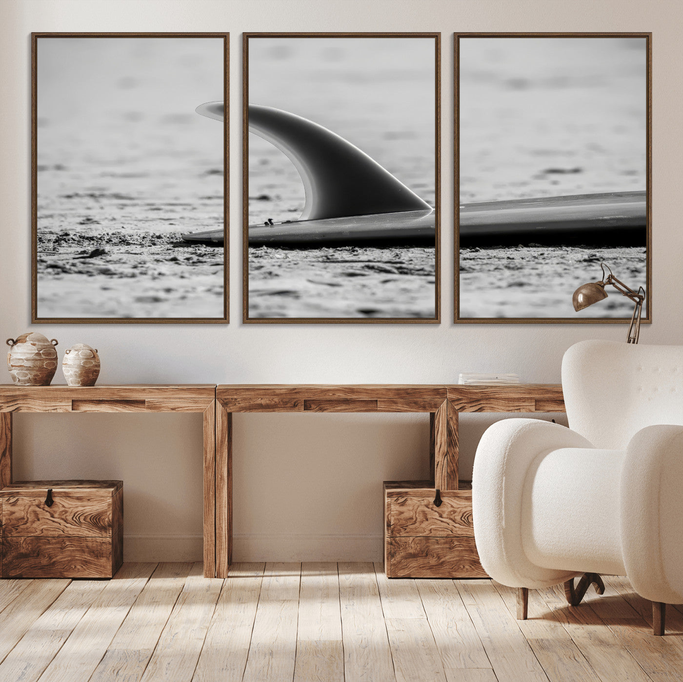 MGV-FC-60X30-3P - Black White Surfboard Wall Art Canvas Print, Framed Minimalist Beach Art Picture Print, Surf Fin Perfect Minimalist Coastal Decor Artwork