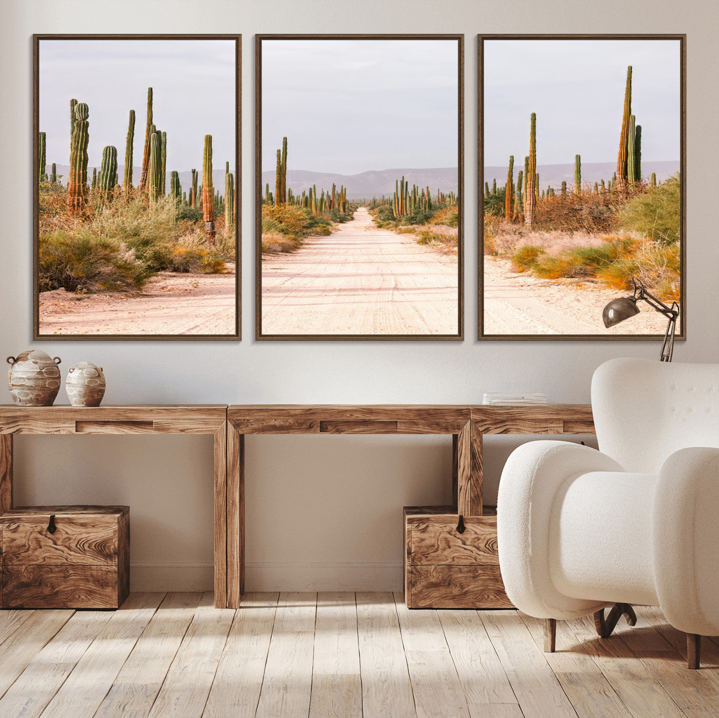 MGV-FC-60X30-3P - Desert Cactus Lined Road Wall Art Canvas Print, Framed Southwestern Landscape Art Picture Print, Bohemian Western Aesthetic Perfect Southwestern Boho Decor Artwork