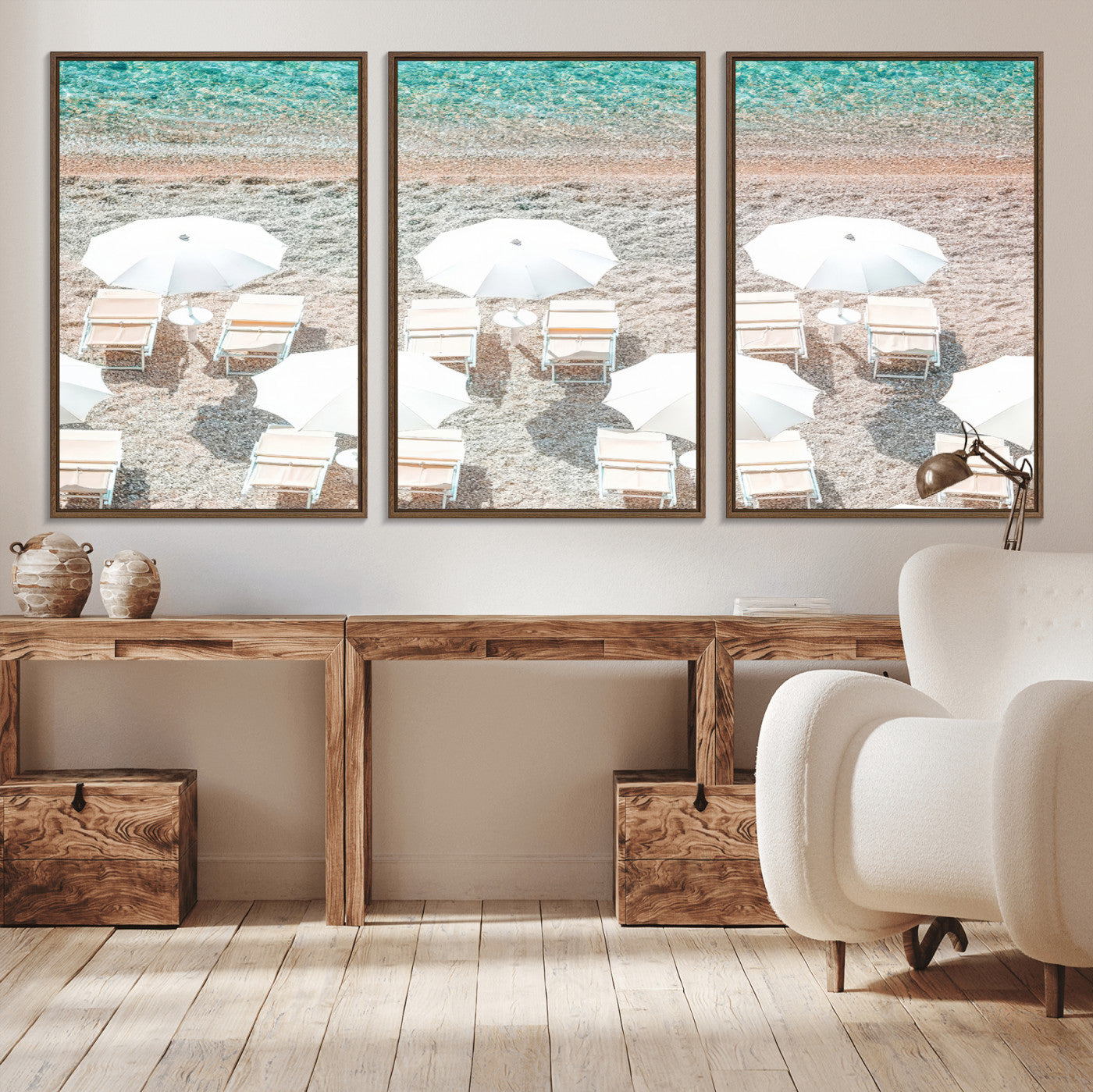 83736167-MGV-CV-36X24-Calm Beach Wall Art – Framed Turquoise Water Canvas Artwork, Umbrella Shoreline Design, Coastal Decor for Home, Office