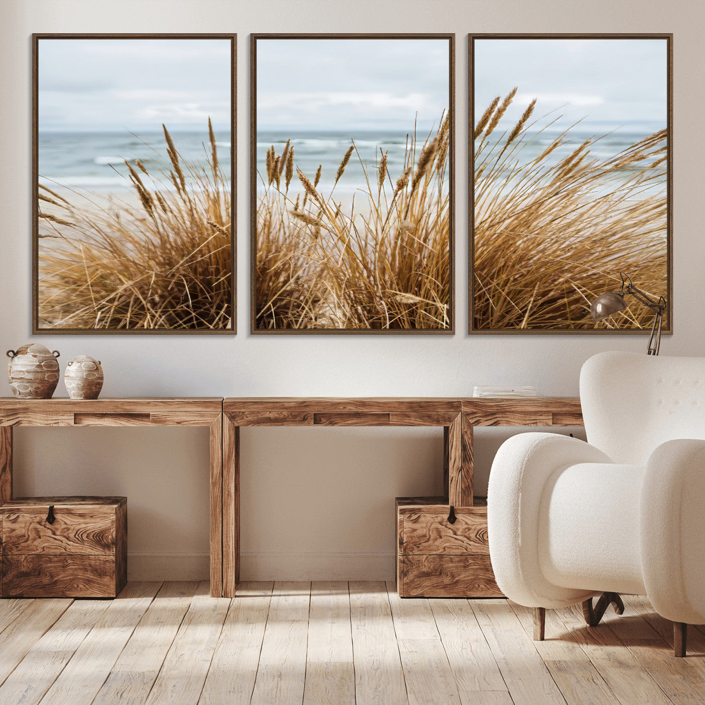 MGV-FC-60X30-3P - Beach Grass Wall Art Canvas Print, Framed Coastal Dunes Art Picture Print, Dune Grass Perfect Coastal Minimalist Decor Artwork
