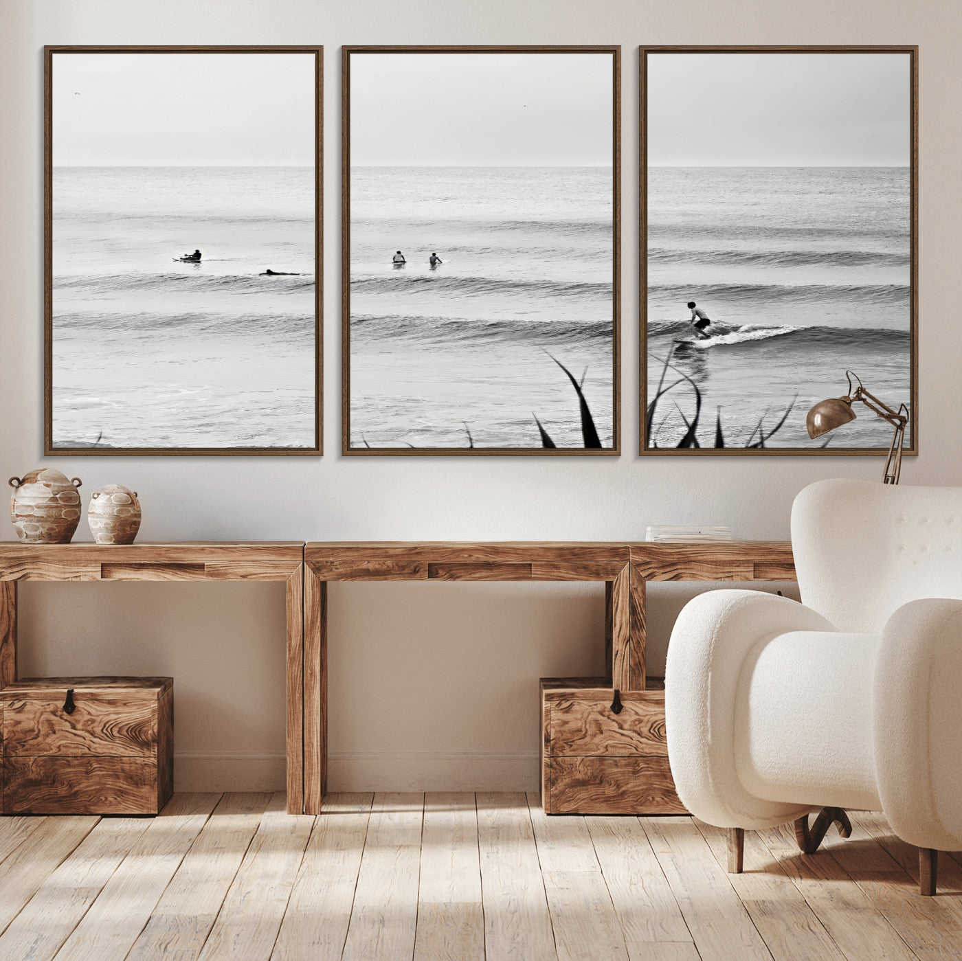 MGV-FC-60X30-3P - Surfer Silhouette Wall Art Canvas Print, Framed Calm Ocean Art Picture Print, Monochrome Surf Perfect Minimalist Coastal Decor Artwork