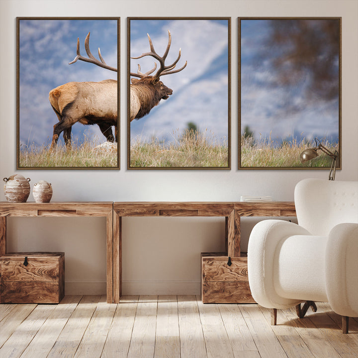 Rustic Elk Wall Art Canvas Print, Wildlife Antler Print, Framed Western Hunting Lodge Art Print