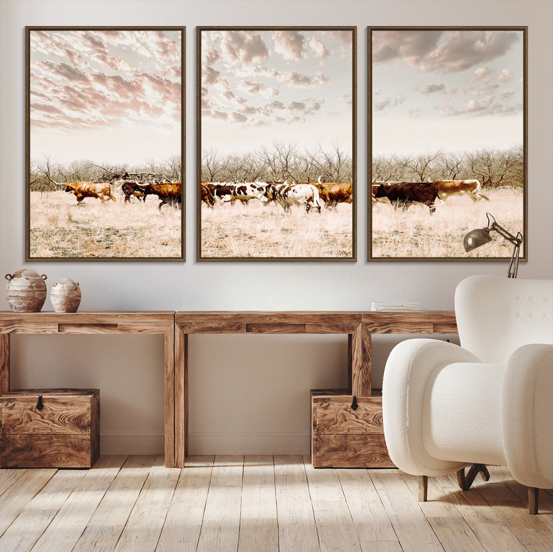 Longhorn Cattle Wall Art Canvas Print, Texas Ranch Print, Framed Western Cow Art Print, Large Prairie Landscape Printing Perfect for Western Decor