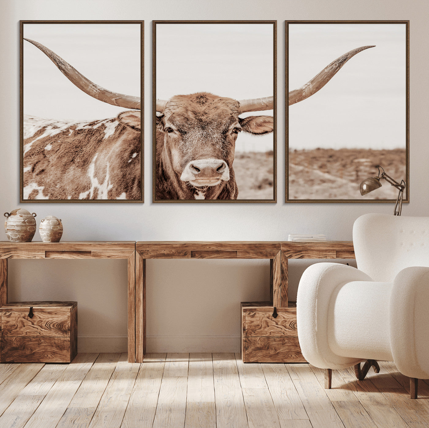 MGV-FC-60X30-3P - Longhorn Cow Wall Art Canvas Print, Framed Texas Ranch Art Picture Print, Western Bull Perfect County Decor Artwork